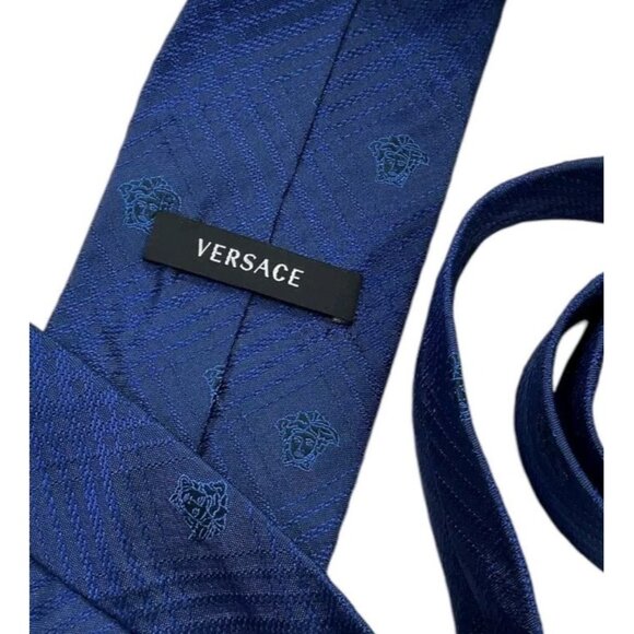 VERSACE Men's 100% Silk Necktie LUXURY Tie Blue Tartan Monogram Logo W:3.2" EUC - Picture 2 of 4